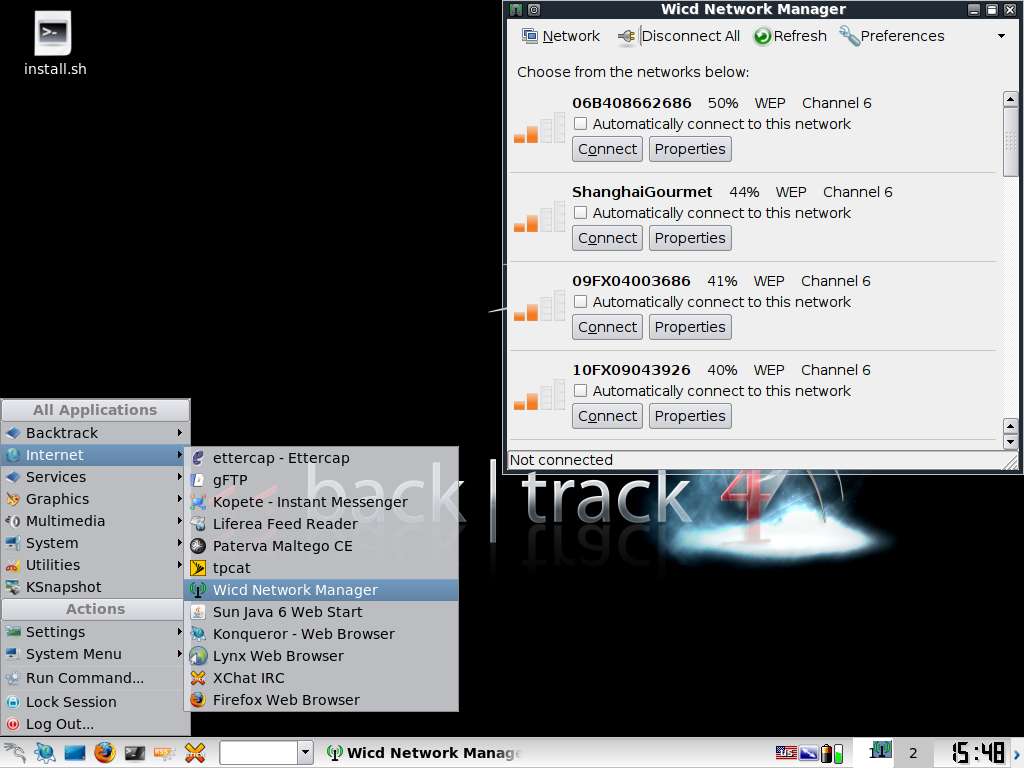 WICD Network Manager showing nearby networks