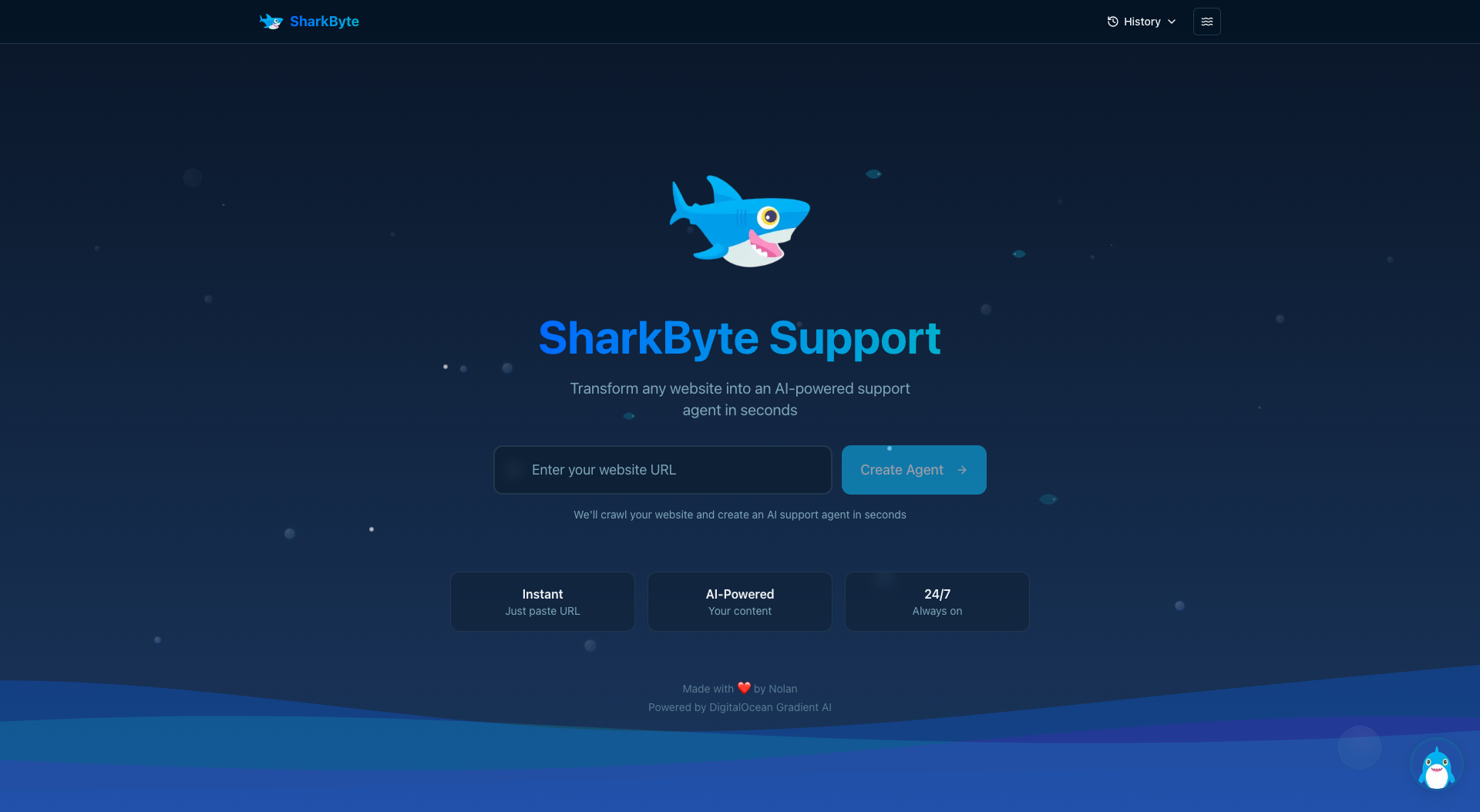SharkByte Support homepage with URL input